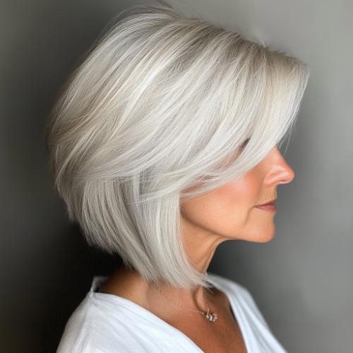 gray hairstyle woman over 50 light silver bob layered