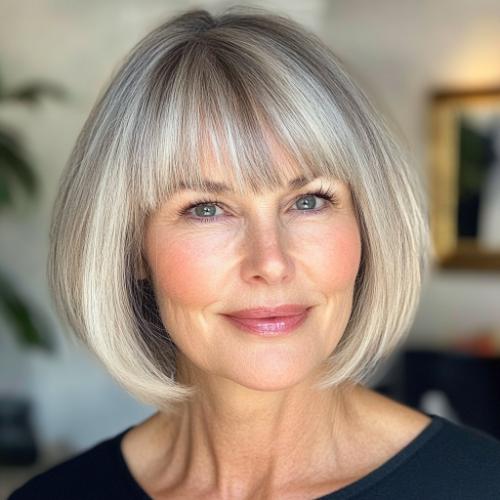 Short Bob with Bangs wash-and-wear hairstyle for women over 60