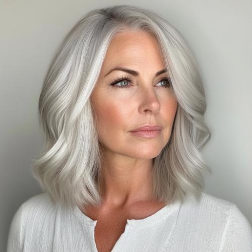 gray haircut woman over 50 frostedsilver icy long bob