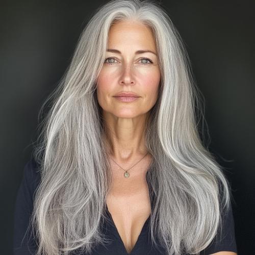 gray hairstyle over 50 long sleek