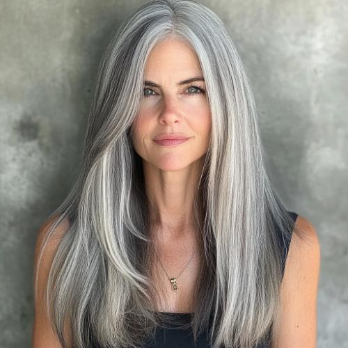 gray hairstyle over 50 long layered with lowlights