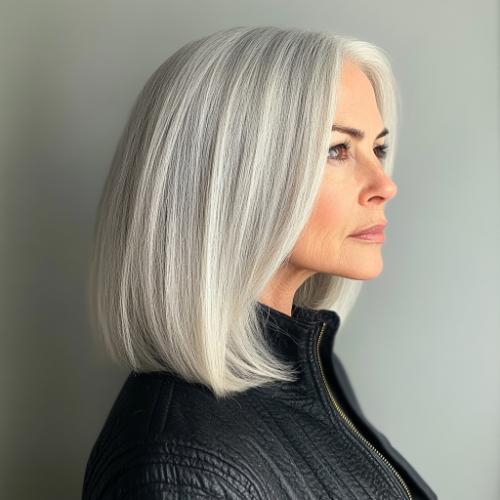 gray haircut woman over 50 classic long bob side view