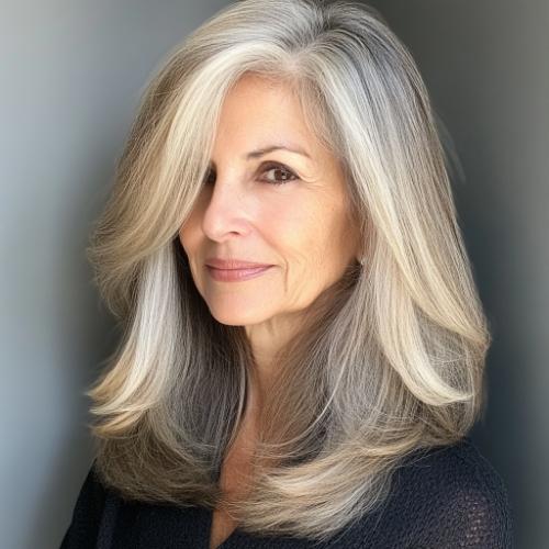 Side-parted long layers hairstyle for women over 60