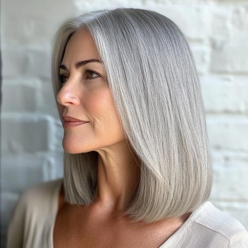 Classic Gray Long Bob wash-and-wear hairstyle for women over 60