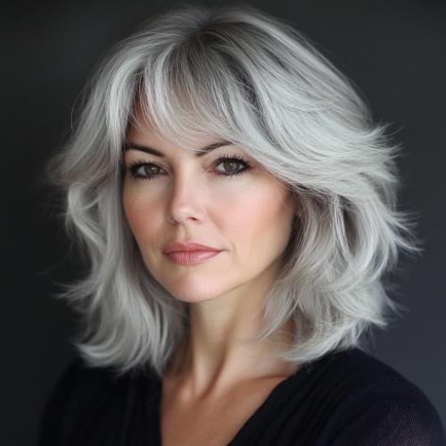 gray hairstyle woman over 50 silver medium cut with side bangs