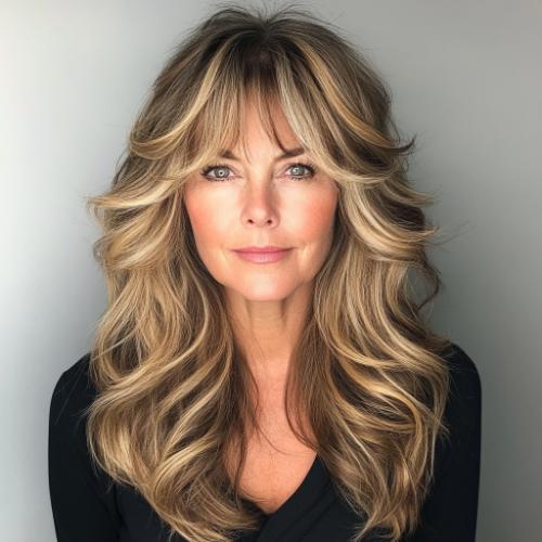 Wavy long hair with curtain bangs for women over 60