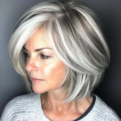 gray hairstyle older woman over 50 stacked bob