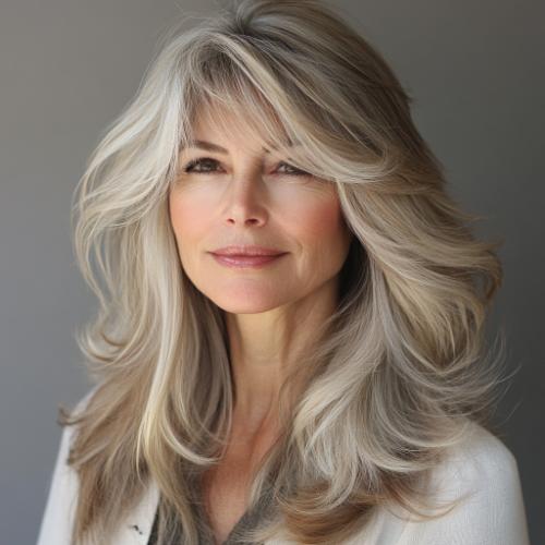 Long layered hair with feathered bangs for older women over 60