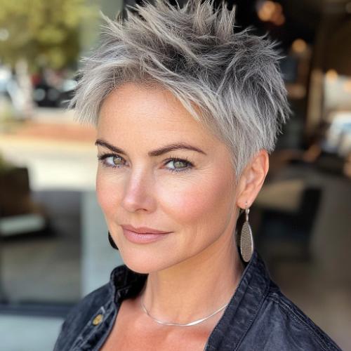 gray hairstyle older woman over 50 spiky pixie