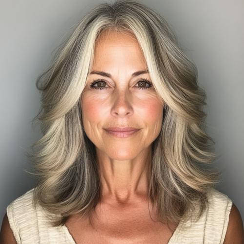 Layered face-framing color hairstyle for women over 60