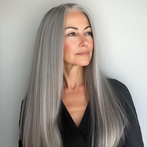 Sleek long straight hair for older women over 60