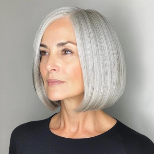 gray haircut woman over 50 sleek polished silver bob