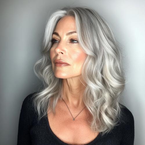 gray hairstyle older woman over 50 waves