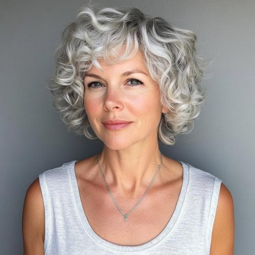 gray hairstyle older woman short curly silver bob