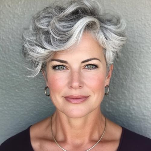 gray haircut woman over 50 silver wavy pixie cut