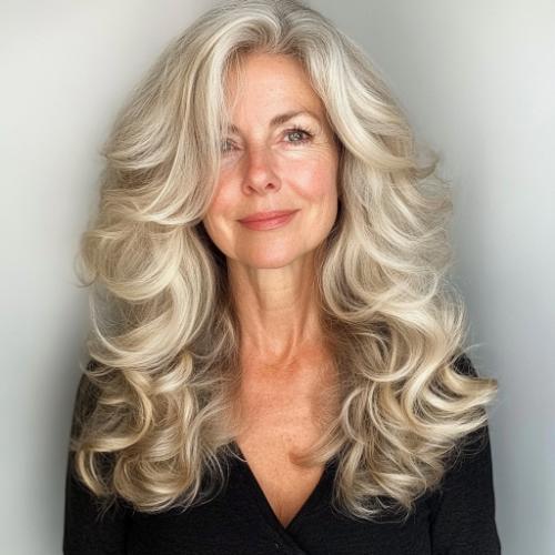 Long side-parted wavy curls for women over 60