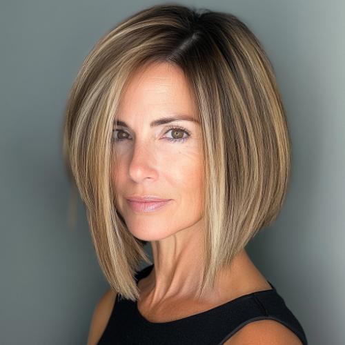 Asymmetrical Bob haircut for woman over 40 with fine hair