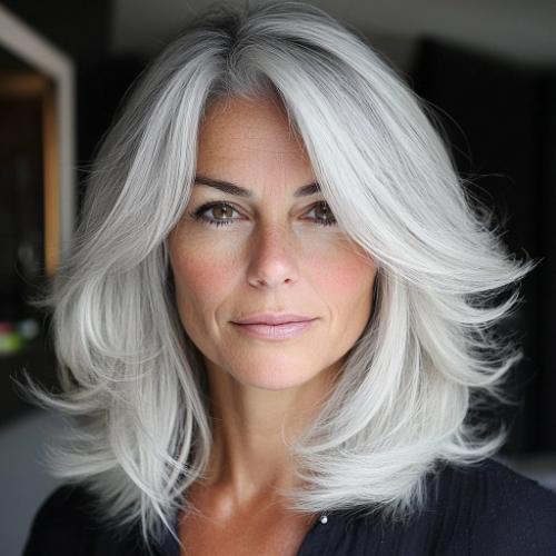 gray haircut older woman silver layered