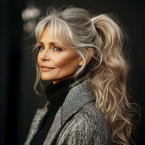 Voluminous curly ponytail for an older woman over 50