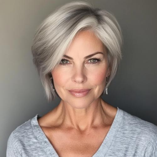 gray hairstyle older woman over 50 super short bob with side bangs