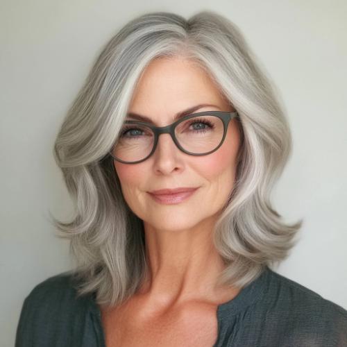 gray hairstyle woman over 50 medium length with side part