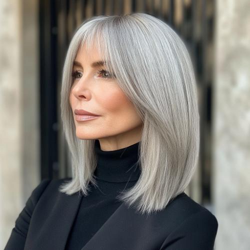 silver gray shoulder length bob with fringe older woman over 50