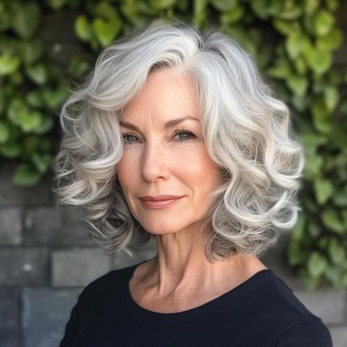 gray long bob older woman with curls and thin hair