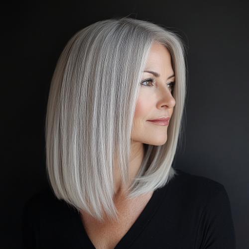 silver gray long bob haircut woman over 50