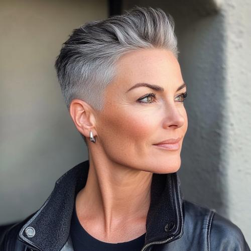 very short undercut gray haircut over 50