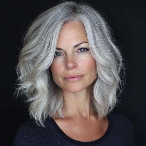 silver gray long bob tousled messy textured over 50