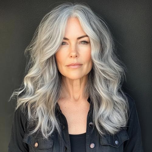 armpit length gray hairstyle older woman over 50