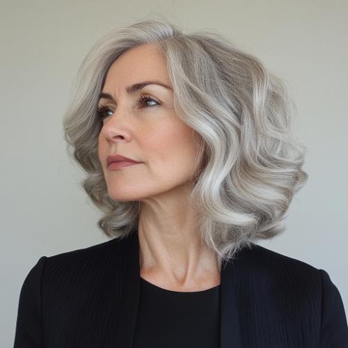 shoulder grazing wavy hairstyle gray color over 50