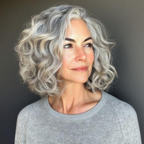 gray curly bob haircut asymmetrical on an older woman over 50