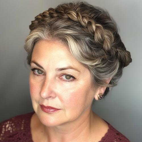 Braided crown long hairstyle for women over 60