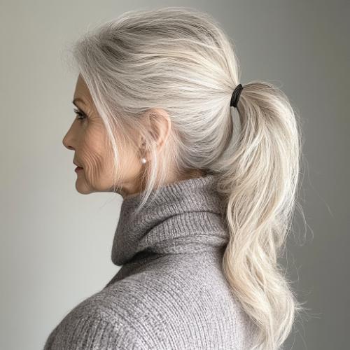 Messy textured ponytail for an older woman with gray hair