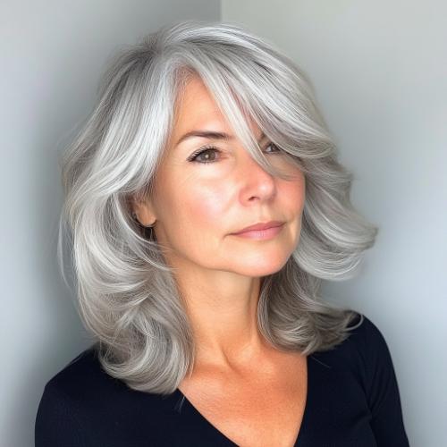 gray hairstyle woman over 50 medium side bangs