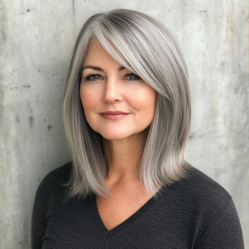 gray long bob with side bangs woman over 50