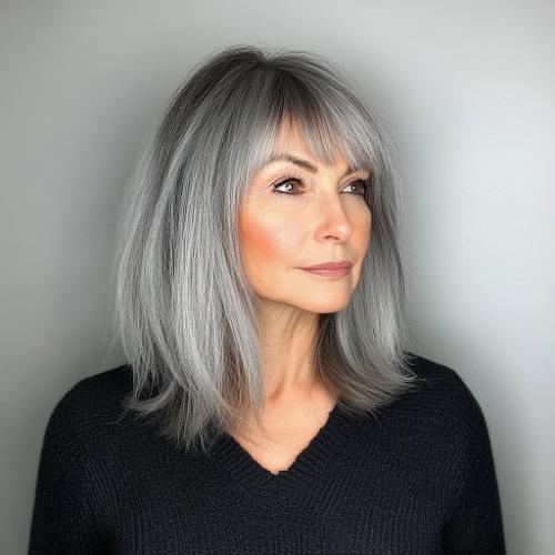 dark gray long bob with bangs older woman over 50