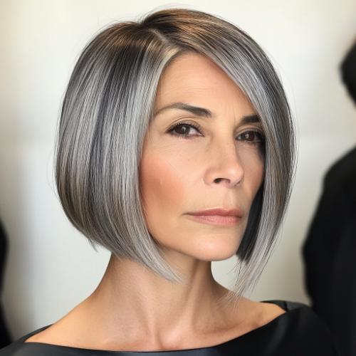 deep side parted multi tonal gray bob over 50