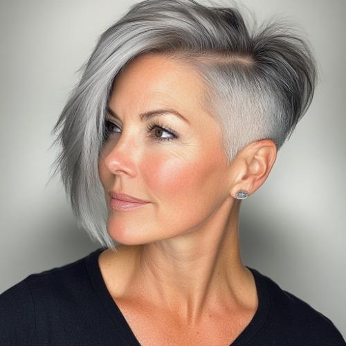 sleek gray undercut haircut older woman over 50