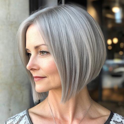 gray hairstyle woman over 50 silver a-line bob