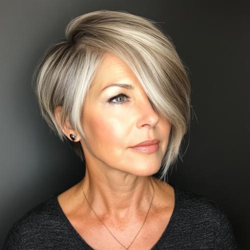 Short haircut with side-swept bangs for women over 50