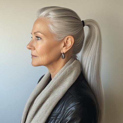 High ponytail for an older woman with fine thin hair