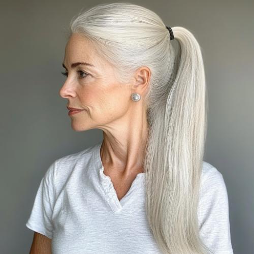 High ponytail for an older woman with white-gray hair