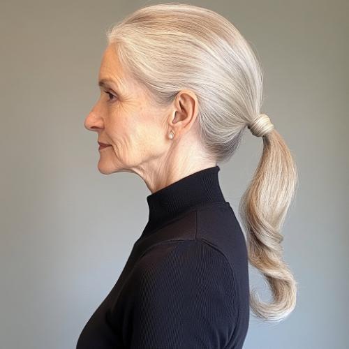 Low gray ponytail for an older woman