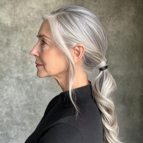 Ponytail with tendrils in the front for an older woman