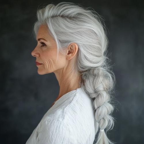 Ponytail with a twist for an older woman with gray hair