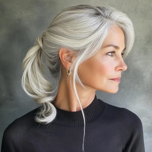 Low textured ponytail for an older woman with bob hair