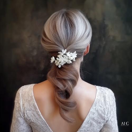 Low ponytail for an older woman with gray hair, ideal for a mother of the bride