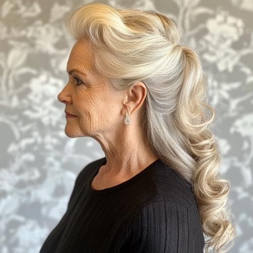 Half-up ponytail with waves for an older woman